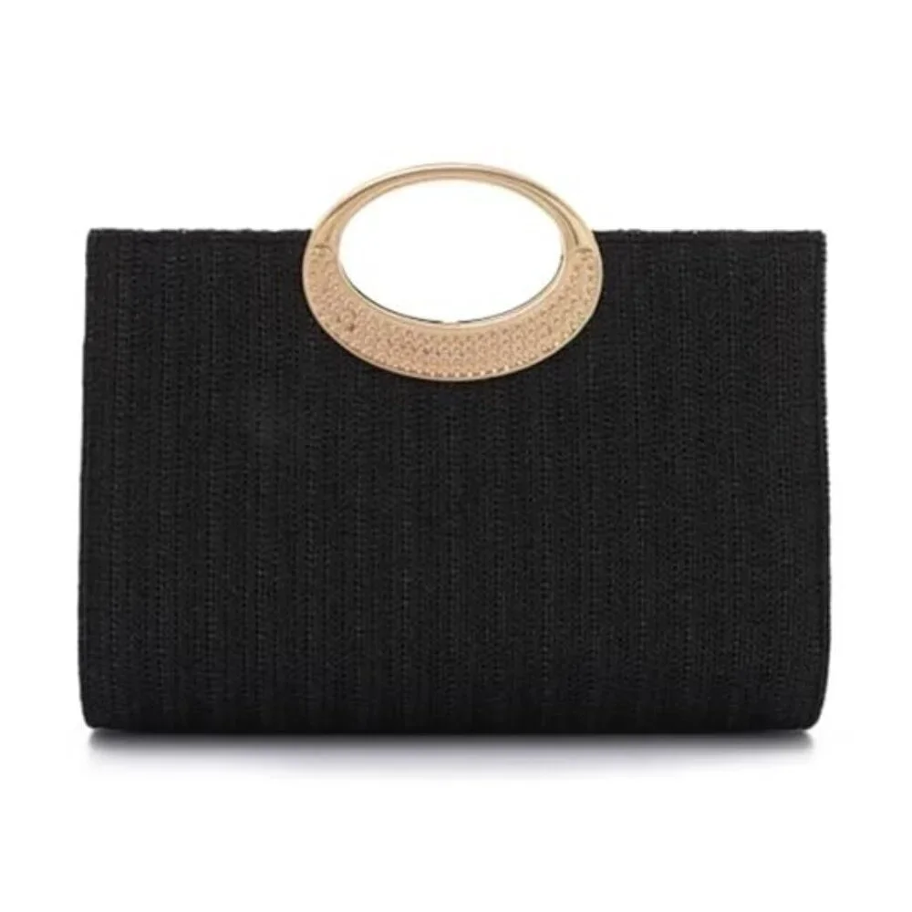 Black Straw Top Handle Clutch Purse Women Handbag